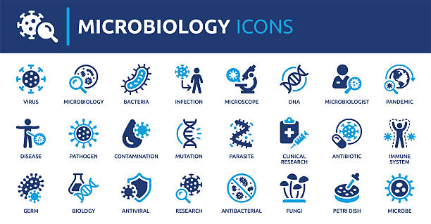ilustraciones, imágenes clip art, dibujos animados e iconos de stock de conjunto de iconos de microbiología, estudio de microbios, bacterias y símbolos vectoriales de virus - bacteria