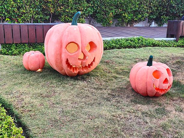 Halloween. Carved Halloween pumpkins glowing with candlelight inside at night, spooky and festive atmosphere with dark background.
