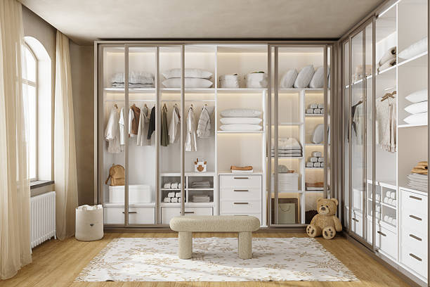 istock Modern Children's Dressing Room with Organized Wardrobe and Soft Neutral Decor 2237650824