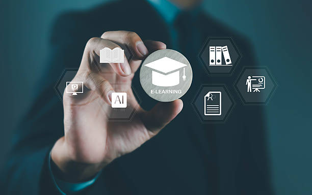 istock E-learning concept with businessman holding digital graduation cap icon, surrounded by AI, online course, training, book, and certificate symbols, representing online education, digital knowledge. 2237657602