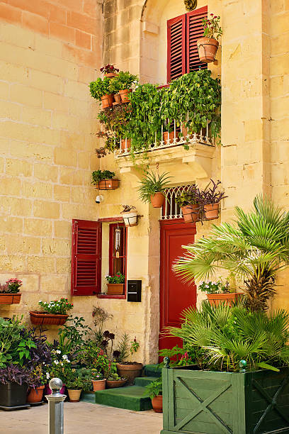 Traditional yellow facade of a Mediterranean house with red doors, shuttered window, balcony with flowers, palm tree and decorative plants in the courtyard.
