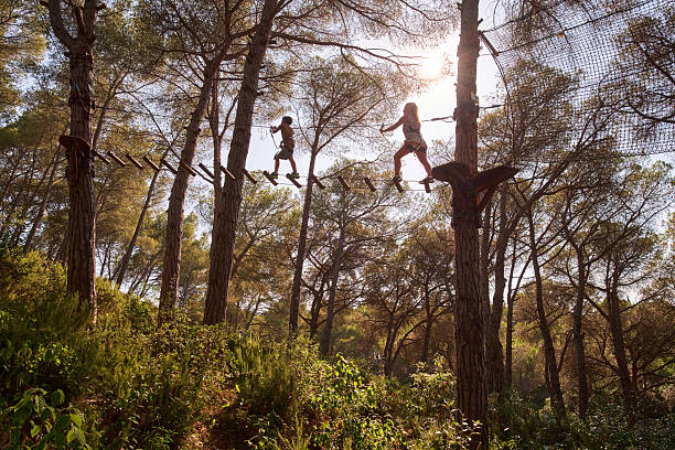 Mother and son balancing on a suspended bridge in a treetop adventure park.