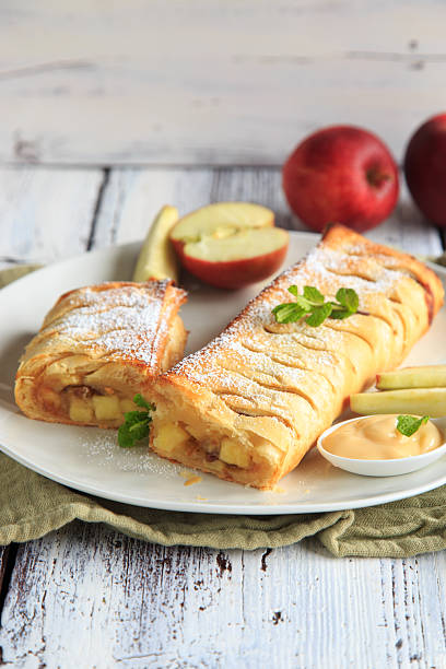 Warm apple strudel with vanilla sauce