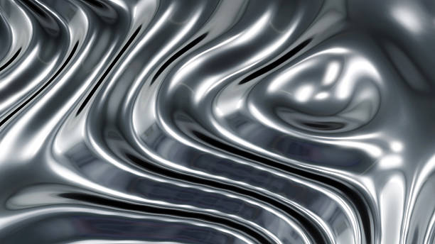 Wavy silver striped abstract background, shiny chrome metal 3D wallpaper, rendering illustration.