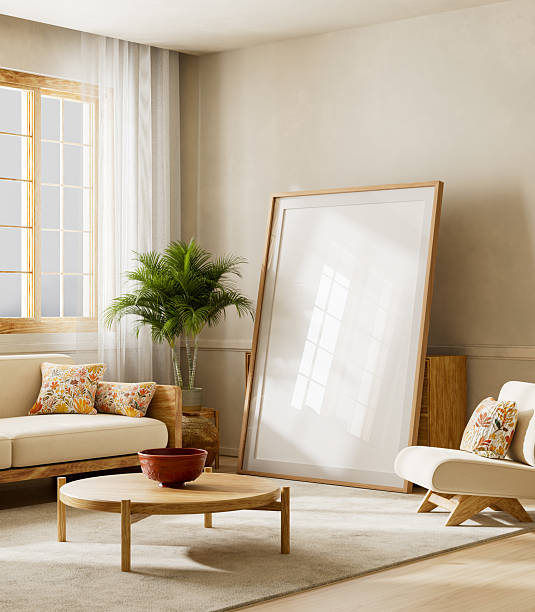 istock Modern minimalist interior living room with neutral decor and mock up poster frame. 3D illustration 2237689267