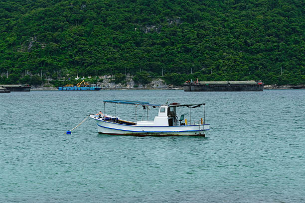 Small fishing boat floating on calm sea near coastline with green hills. Keywords: