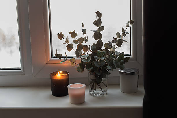 istock Candles and eucalyptus branches on the window 2237694488