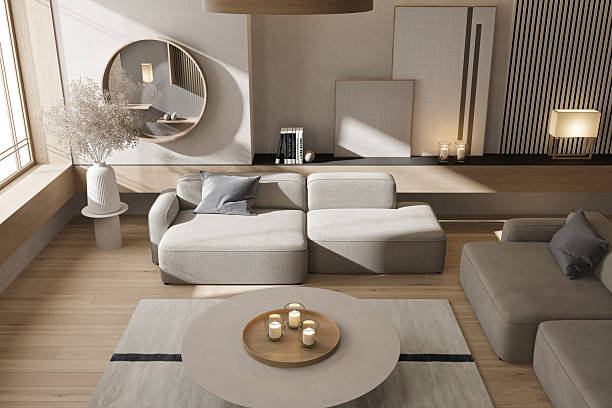 istock Modern Japandi Living Room Interior with Neutral Tones and Minimalist Decor 2237706030