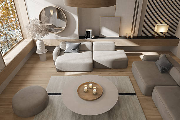 istock Modern Japandi Living Room Interior with Neutral Tones and Minimalist Decor 2237706041