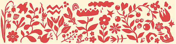 Classic boho organic cut out pattern with botanical silhouettes - red flowers, leaves, berries and decorative shapes on white bg. Scandinavian folk art style for or minimalist textile print design.