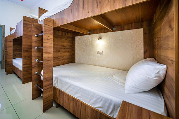 istock A room in a hostel. A wooden bunk bed with a white sheet and a white pillow 2237712513