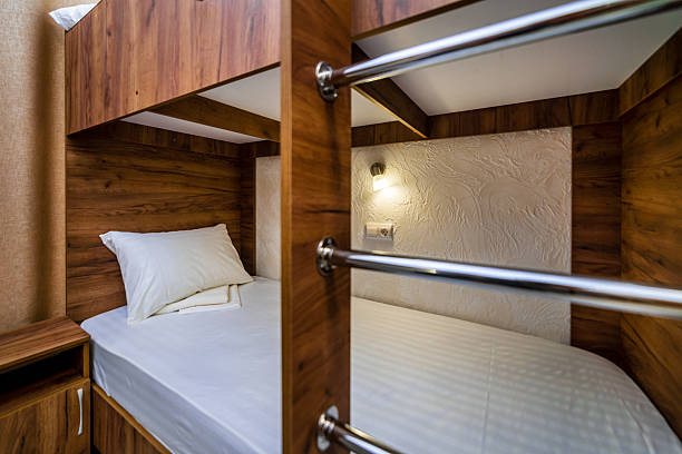 istock A room in a hostel. A wooden bunk bed with a white sheet and a white pillow 2237715793