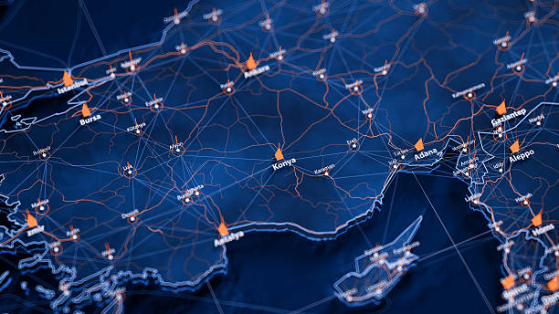 istock Konya map big data visualization. Futuristic map infographic of city in Turkey. Visual map data complexity in modern blue and orange colors 2237718779