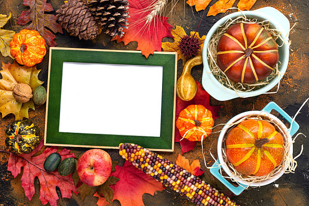 Autumn colorful pumpkins, apples, corn and fallen leaves on a textured background. View from above. Frame for text.