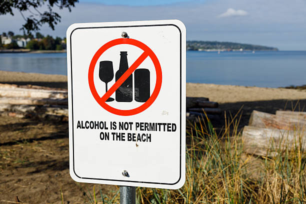istock Clear sign prohibiting alcohol on a scenic beach with calm water and distant shoreline, framed by natural grasses and logs 2237742073