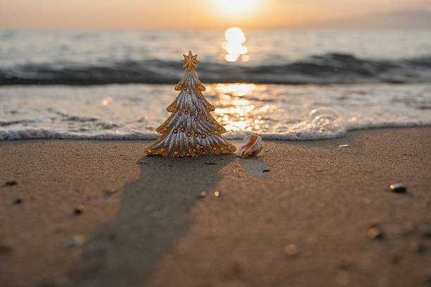 istock Decorative Christmas tree and seashell on sandy beach with wave at sunset, glowing ocean horizon in soft light, symbol of winter holidays in tropical coastal paradise 2237743891