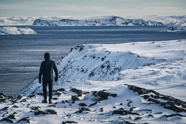 Lone hiker wearing a winter jacket stands on a snow-covered ridge, gazing at the icy cliffs and deep blue waters of an Arctic fjord in northern Norway.