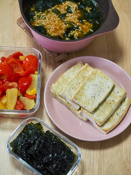 Ramen, grilled tofu, paprika, seaweed