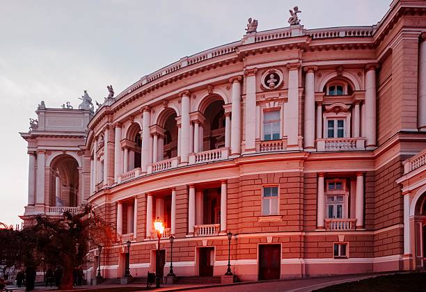 Odessa, Ukraine - January 07, 2014 - Stunning odessa opera house at sunset with elegant architectural details.