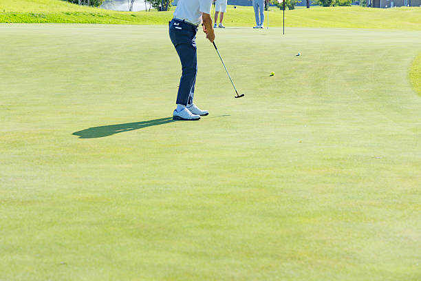 People are playing golf, grass field during golfing game, course. Focused golfer is picturesque golf course, aiming to putt near, hitting ball into hole, concentration and precision.