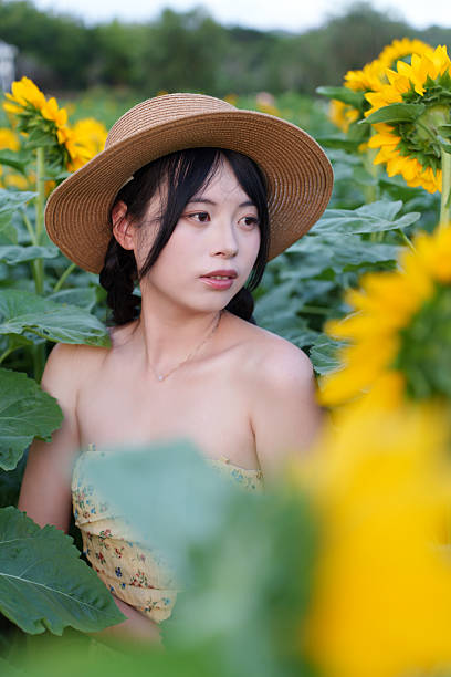 Asian tourists among sunflowers