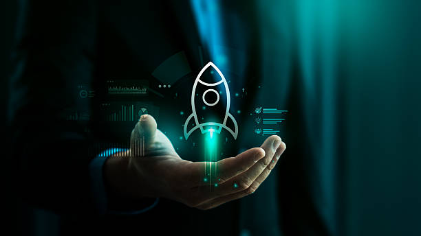 istock Startup business launch innovation with rocket icon floating above hand, digital data analytics and futuristic technology concept for growth, new project, entrepreneurship, and business development 2237813411