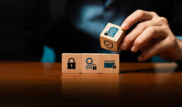 istock Cybersecurity and data protection concept with businessman hand stacking wooden blocks with lock, shield, ID icons, symbolizing privacy, compliance, secure system, risk management, information safety 2237813633