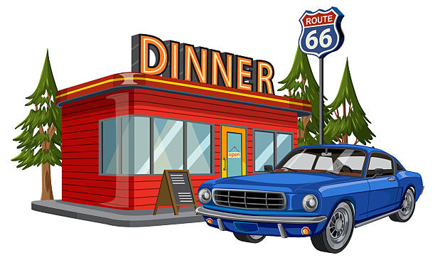 istock Classic Blue Muscle Car Parked at Retro Diner on Route 66 2237830702