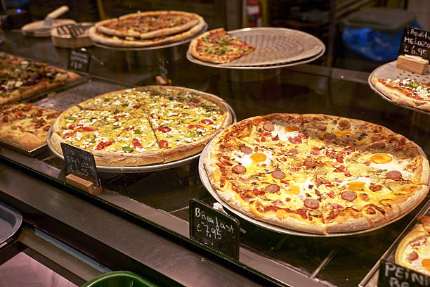 Freshly baked italian pizza on the shelves
