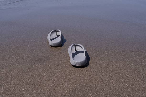 A pair of green flip-flops with white daisy patterns lies on warm golden sand. The image captures a peaceful summer vibe, perfect for vacation or travel themes.
