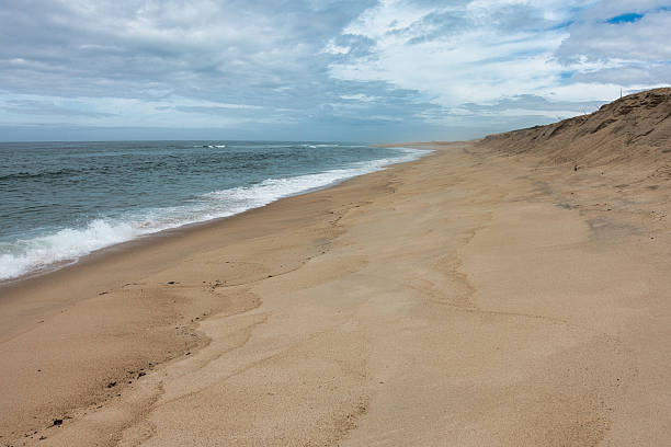 istock Vast Empty Sand Beach and Dune Landscape - Expansive view of a quiet, remote sandy beach and ocean shoreline, with subtle waves, a large sloping sand dune, and an overcast but dramatic sky. 2237839893