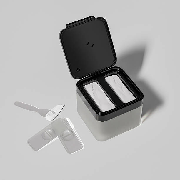 Square dual chamber cream jar packaging with spatula mockup, empty plastic skincare box with black Flip Cap, rectangular shape facial mask packaging container, double wall replaceable cosmetic box