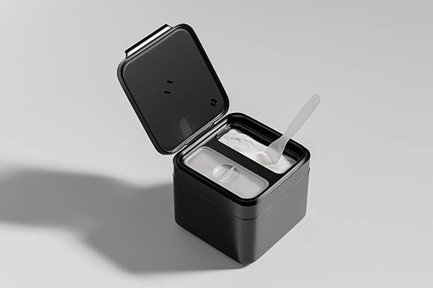 istock glossy black double chamber skincare box with beauty spatula mockup, Flip Top Cap rectangular shape facial mask packaging container, double wall replaceable plastic cosmetic box for moisturizing mask 2237840904