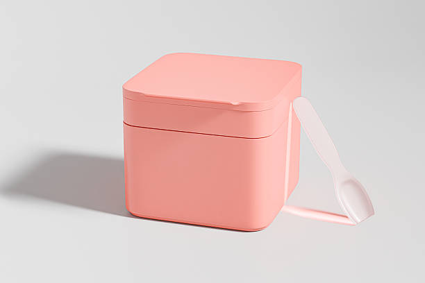 istock rectangular shape facial cream container with flip top cap mockup, double chamber clay mask packaging with beauty spatura, Peachy color square double wall replaceable plastic skincare cosmetic box 2237840917