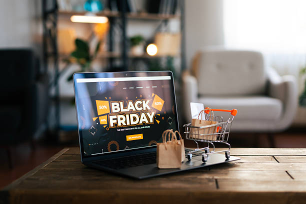 istock Online shopping on laptop during black friday sales 2237841976