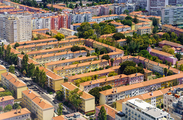 An aerial view of a housing development on LIsbon's outskirts, on tree-lined streets.