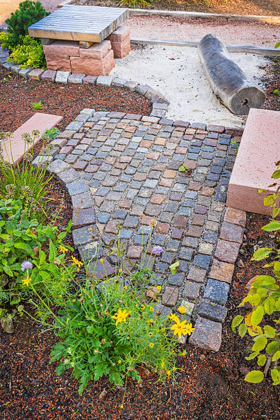 istock Landscaped garden design ideas: pathway with natural elements and sitting area 2237845905