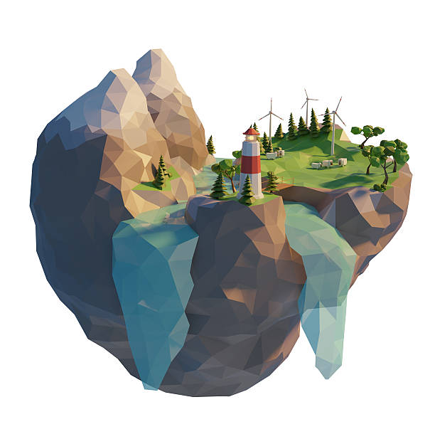 Generation clean energy in 3d low poly style. Floating island wind turbine. Mountain with river and trees. 3d render illustration.