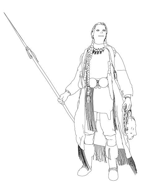 istock A determined Native American woman in traditional clothing holds a spear with a focused expression. Her long wavy hair frames his face as he stands ready for a challenge. 2237852952