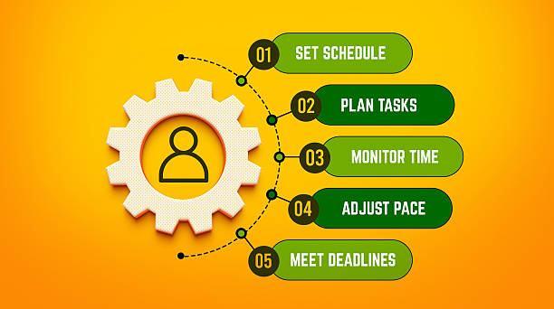 This engaging illustration visualizes the core principles of personal and professional productivity. It conceptualizes the strategy required for effective time management and achieving success. The modern, clean design features a central gear icon representing the individual, connected to a five-step process. This visual diagram uses a vibrant color palette to highlight key actions, from initial planning to final efficiency. Perfect for corporate training presentations, articles on workflow improvement, project management applications, and human resources materials. Ideal for businesses and entrepreneurs seeking to enhance team performance and develop essential skill sets, this graphic provides clear guidance on the structured methodology needed to meet goals.