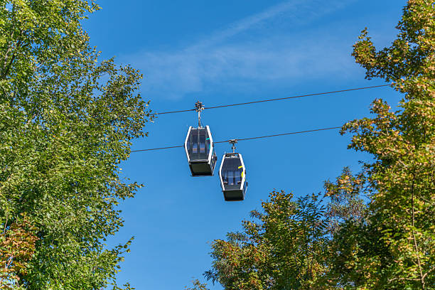 Two cable cars suspended in the sky.