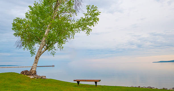 Lake view with bench and liighthouse-Petoskey Michigan