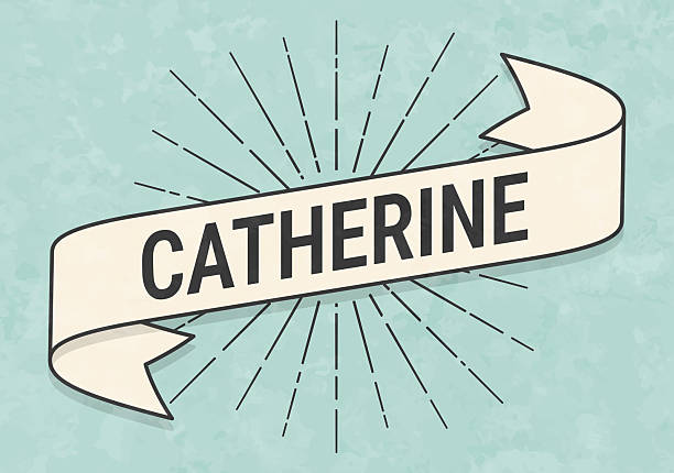 Catherine - Female first name. Banner, ribbon, label in a trendy vintage style. Beautiful retro ribbon with old textured paper and sunbursts in the background. Colors used: green, blue, beige and black. The banner is beige with a black outline, the sunbursts and the text are black. The background is green-blue. Vector Illustration (EPS file, well layered and grouped). Easy to edit, manipulate, resize or colorize. Vector and Jpeg file of different sizes.