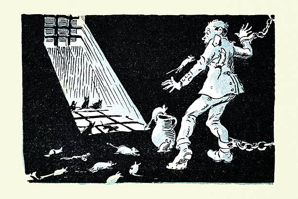 Prisoner chained up in a rat infested prison cell, History, Victorian crime and punishment, German, Art Nouveau, Jugendstil , Vintage illustration, 1890s, 19th Century