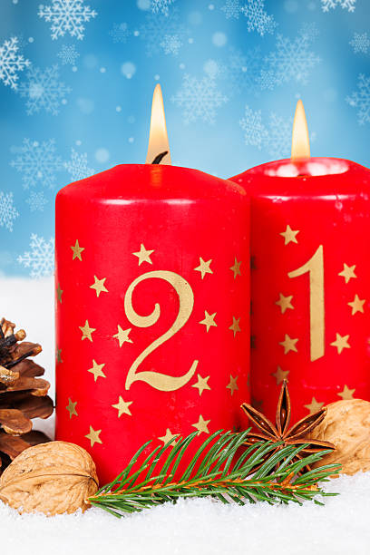istock Second 2nd Sunday in advent with burning candle Christmas card time winter background with copyspace copy space 2237871361