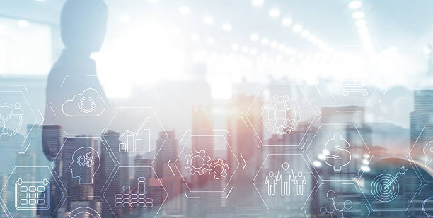 istock Abstract industrial Business process organisation structure. against the backdrop of a modern city 2237878174
