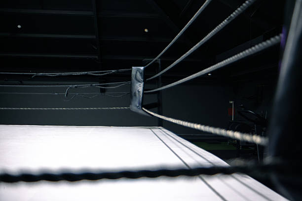 istock A boxing ring with white canvas and black ropes. The scene is dimly lit, emphasizing the structure and tension of the ring. No people are present. 2237878580