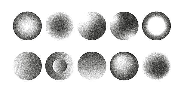 Abstract circles with photocopy grain effect. Vintage noise texture in halftone style. Minimal black and white round shapes for poster, background, and graphic design