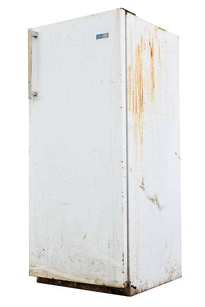 istock Rusty white refrigerator door with faded paint and stains on the surface isolated on white background. 2237880301