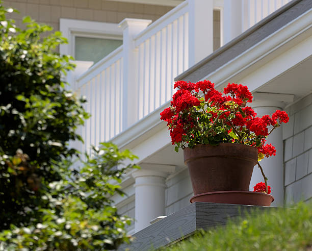 A flower pot sitting on a balcony.